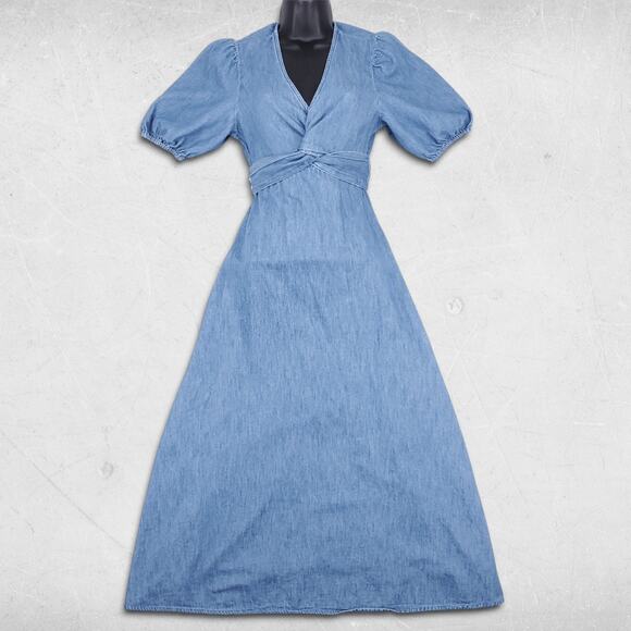 Old Navy Twist Front Midi Dress Womens S Denim Blue Puff Sleeve Cottage Boho - Picture 1 of 12